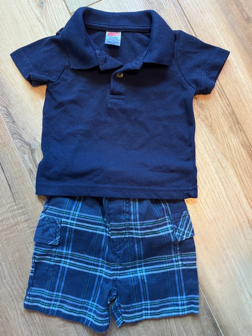 Fischer Price Toddler Navy Polo & Plaid Shorts Set - Classic Outfit Sz 12 Mo
